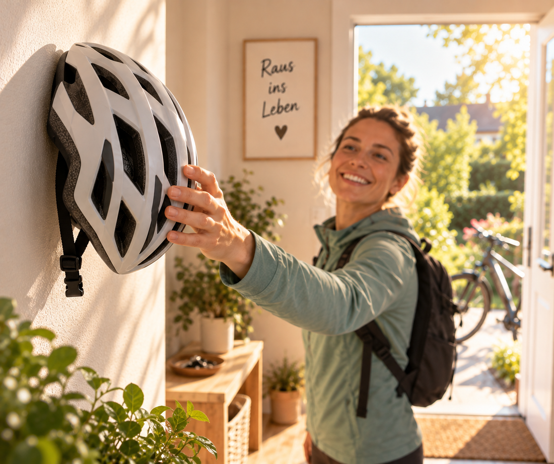 Frau greift vor einer Fahrradtour nach ihrem Fahrradhelm an der Haustür