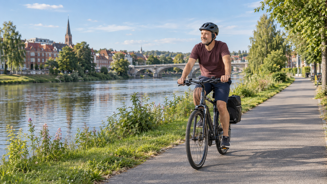Radfahrer mit earSHIELD 2 auf einem sonnigen Radweg am Fluss