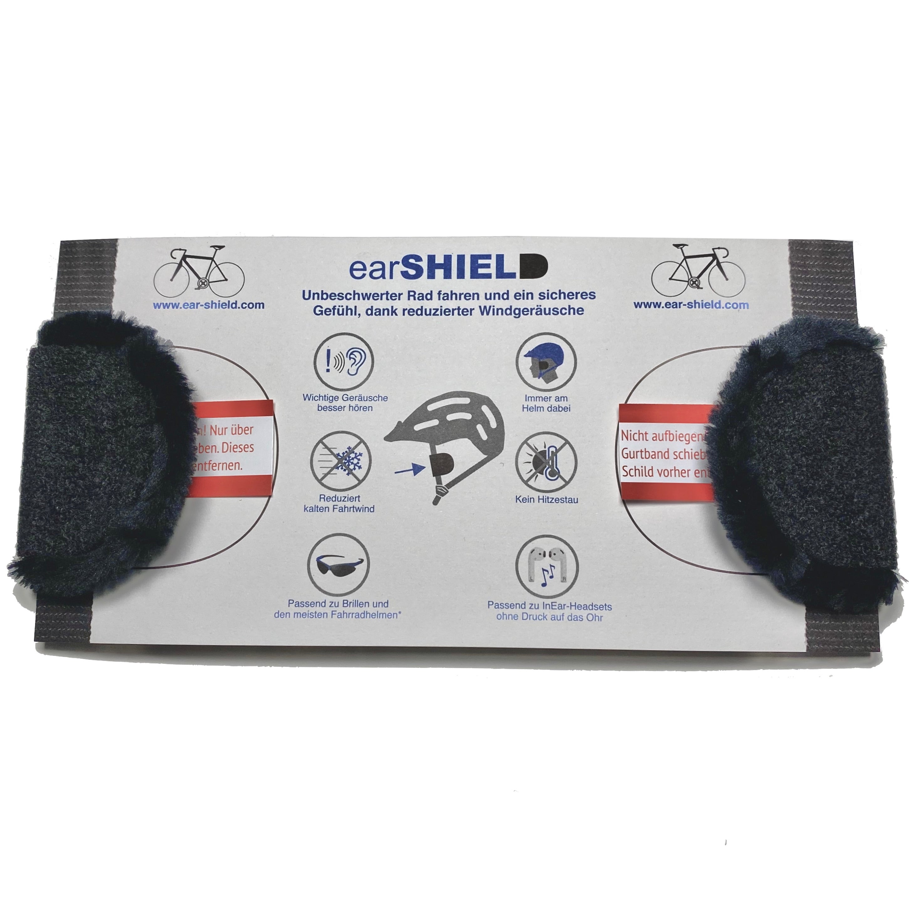 earSHIELD mini Lieferumfang mit Produktkarte und Windschutz-Paar für Fahrradhelme