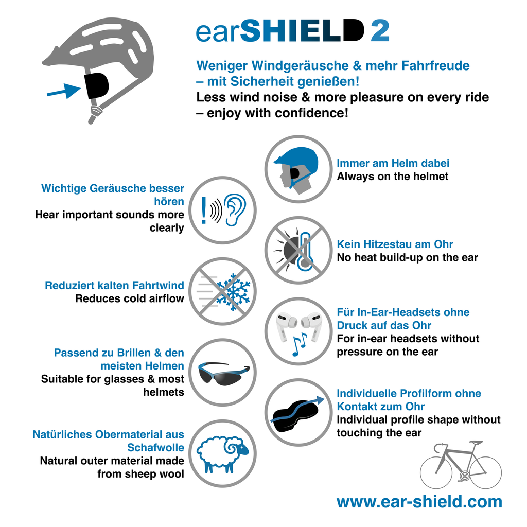 Vorteile von earSHIELD 2 als leichter Fahrradhelm-Windschutz gegen Windgeräusche