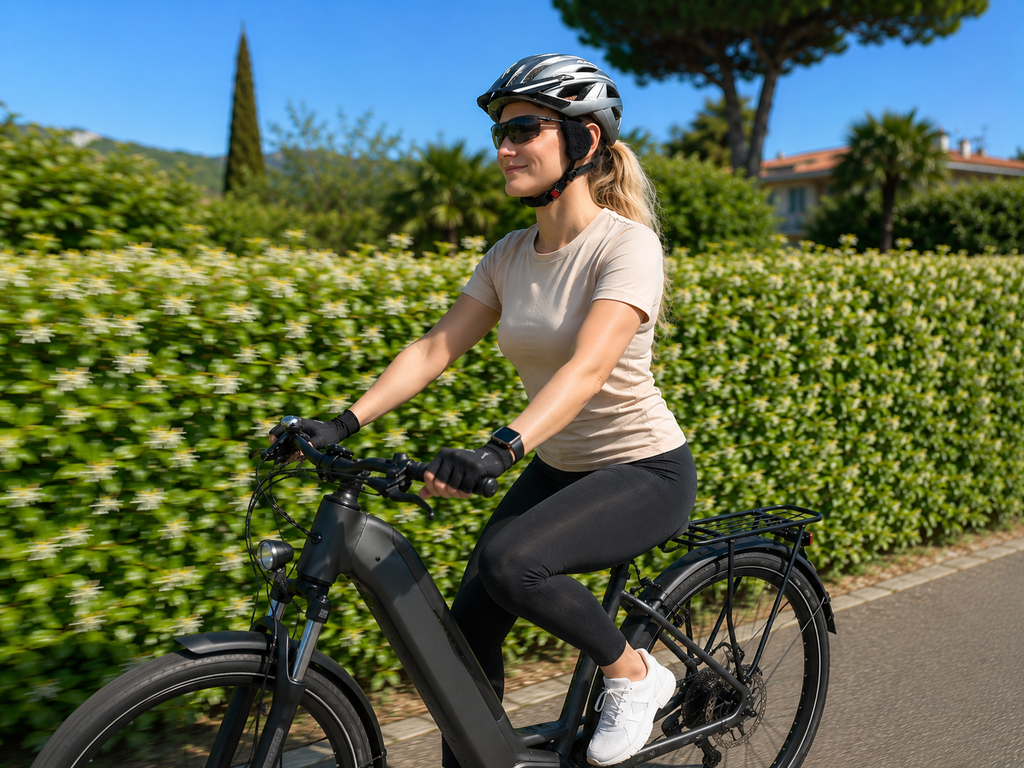 Radfahrerin mit earSHIELD 2 Windschutz am Fahrradhelm auf dem E-Bike